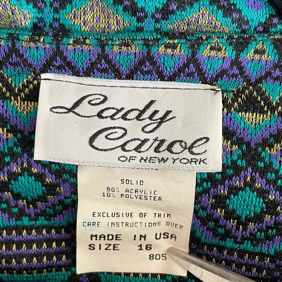 Vintage Lady Carol Knit Cardigan Sweater Geo Print Long Jewel Tones Gold Button - Picture 5 of 7